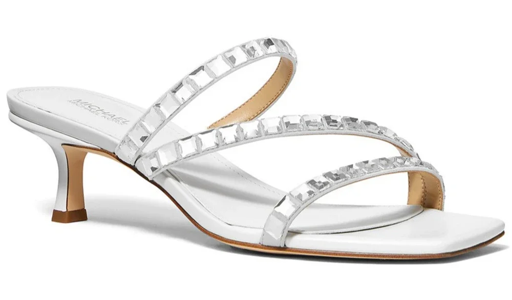 Michael Kors Women's Celia Embellished Kitten-Heel Slide Sandals Optic White 8
